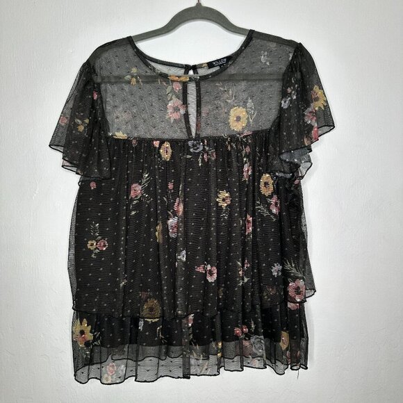 WILLOW Young Contemporary Black Floral Print Mesh Top Size 1X - Picture 1 of 7